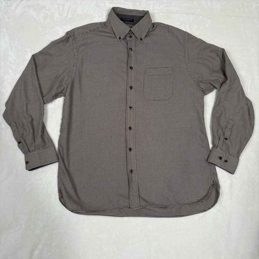 Paul Frederick Houndstooth Button Down Shirt Men's XLT Brown Cream Cotton